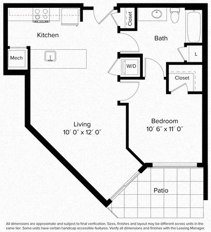Floor plan for 1 bed, 1 bath, 640 sqft